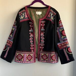 Anthropologie Black Jacket with Multicolor Embroidery